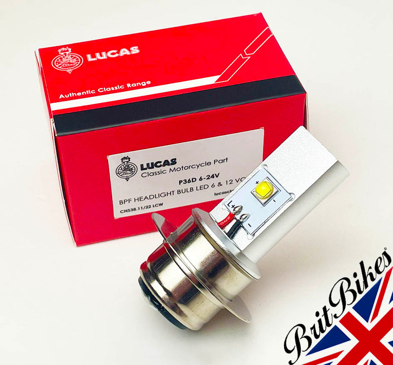 GENUINE LUCAS MOTORCYCLE LED HEADLIGHT BULB 6-24V P36D BRITISH PRE FOCUS BPF