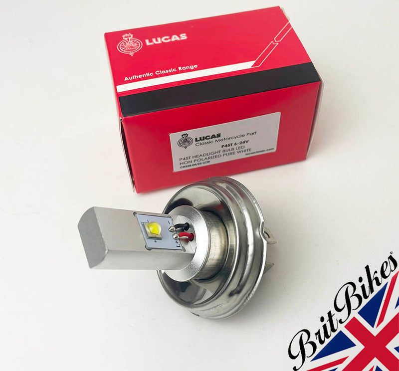 GENUINE LUCAS MOTORCYCLE CAR P45T LED HEADLIGHT BULB 6-24V DUAL POLARITY