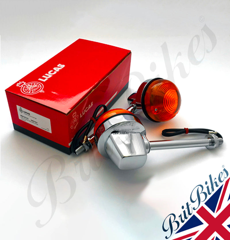 Pair of Genuine Lucas 5" long stem indicators.   As fitted to late Triumph, BSA and Norton