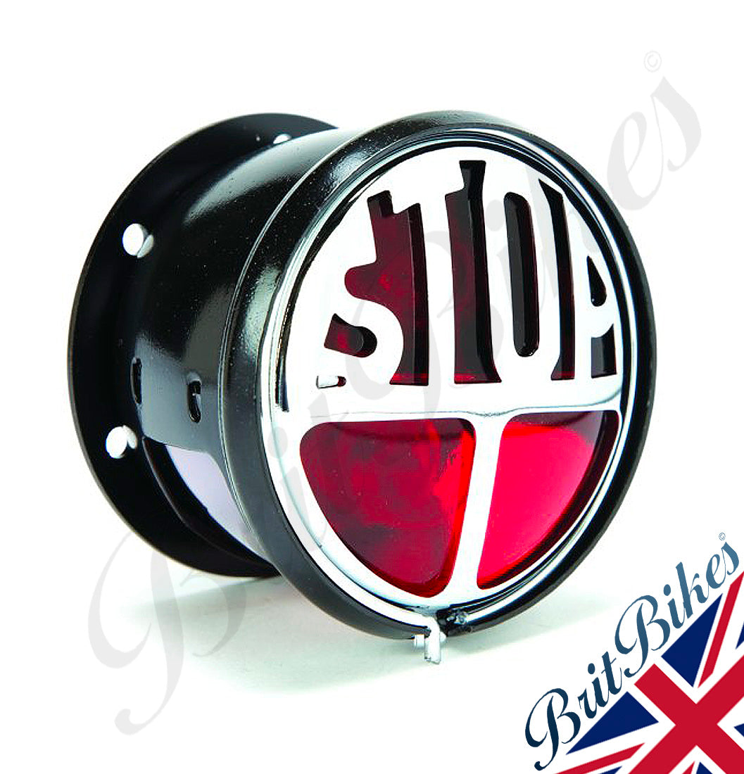 Replica of Miller Stop/Tail motorcycle lamp.  Fitted with dual filament bulbs (stop/tail)
