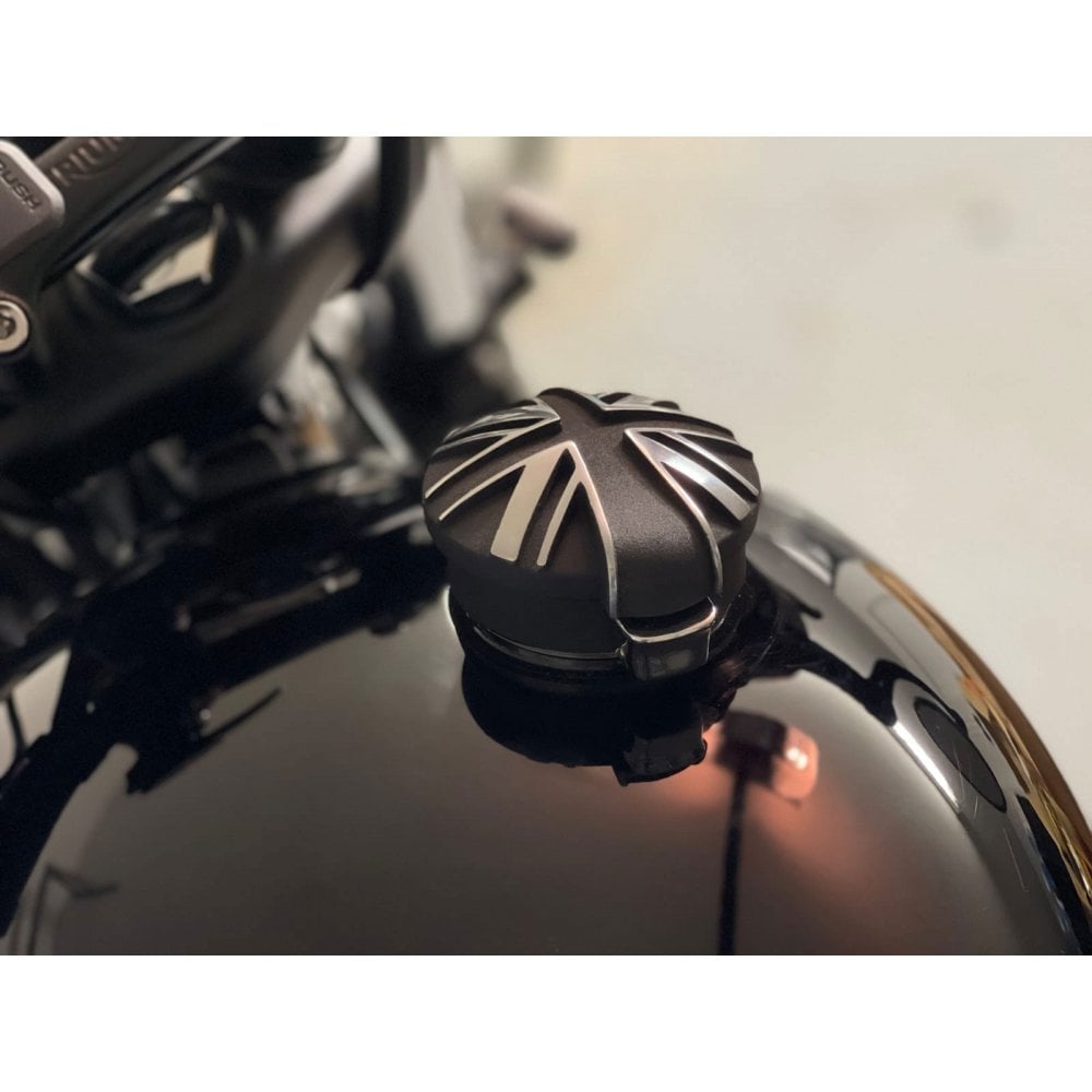 MOTONE BLACK UNION JACK MONZA FUEL PETROL TANK CAP KIT FOR TRIUMPH & HARLEY