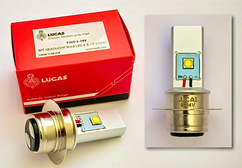 GENUINE LUCAS MOTORCYCLE LED HEADLIGHT BULB 6-24V P36D BRITISH PRE FOCUS BPF
