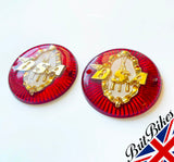 PAIR BSA C11 C12 M20 M21 B31 B33 A7 A10 ROUND TANK BADGES RED WHITE GOLD 65-8220