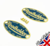 PAIR of NORTON ROADHOLDER FORK BADGES & FIXING RIVETS - 06-7908, 06-7114