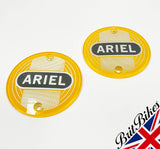 PAIR OF YELLOW ARIEL ROUND TANK BADGES - SINGLES, TWINS & 1000 SQUARE - 5004-56