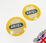 PAIR OF YELLOW ARIEL ROUND TANK BADGES - SINGLES, TWINS & 1000 SQUARE - 5004-56