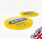 PAIR OF YELLOW ARIEL ROUND TANK BADGES - SINGLES, TWINS & 1000 SQUARE - 5004-56