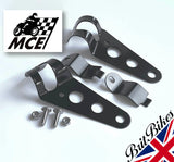 MCE UNIVERSAL BLACK HEADLAMP BRACKETS PAIR 35-43MM CAFE RACER CUSTOM MOTORBIKE