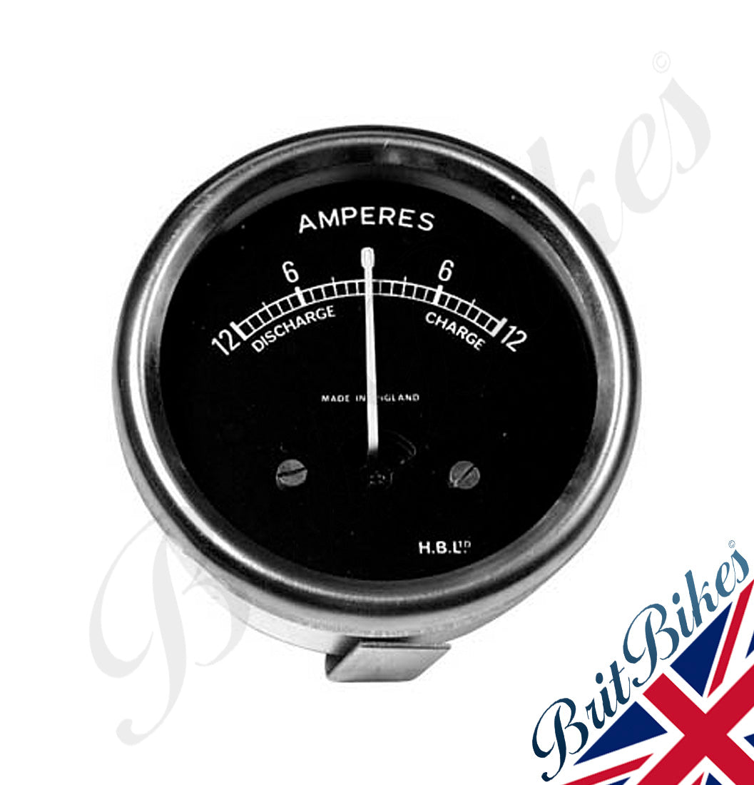 12-0-12 Ammeter – 6v Or 12v Chrome Bezel, Black Dial, English Made 1 3/4"