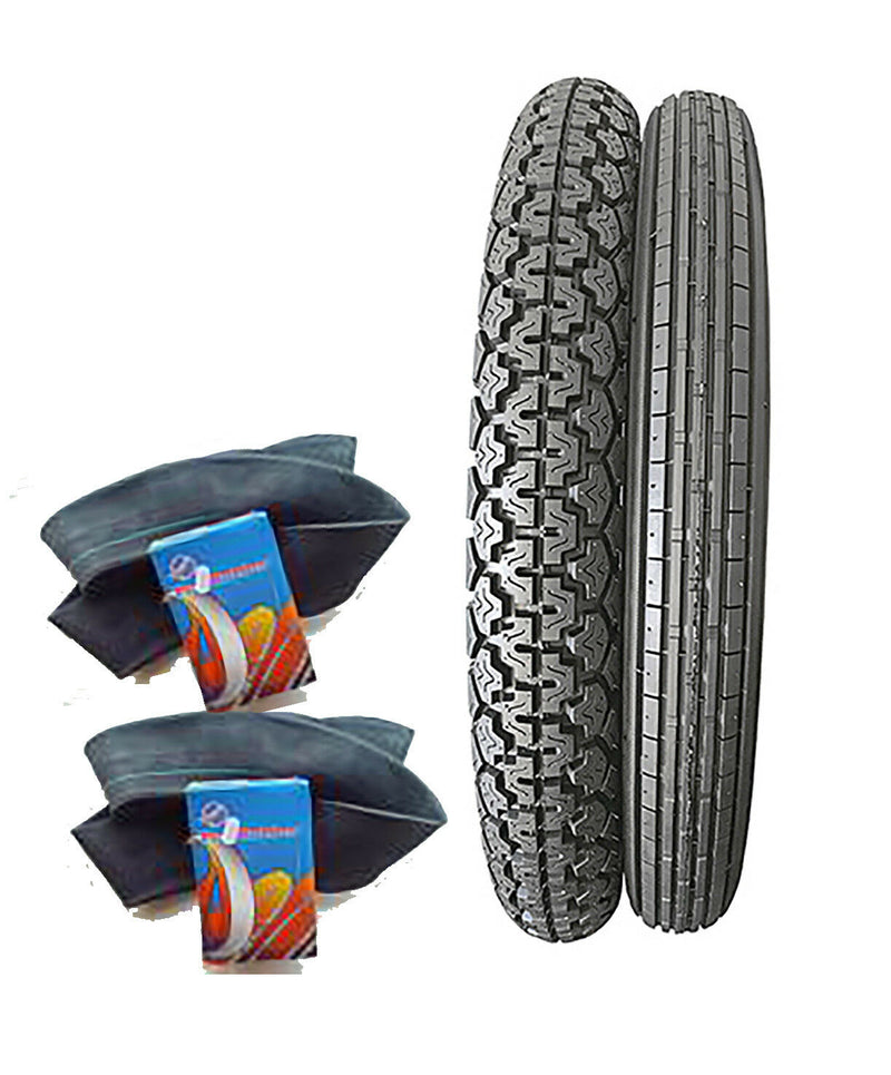 PAIR OF CLASSIC TRIUMPH TYRES & INNER TUBES 3.25 X 19 FRONT & 3.50 X 19 REAR
