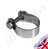 O/E style chrome Exhaust clip 1 3/8" D washer type.  Includes bolt.  Suitable for Triumph and BSA, but can be used on many other models.