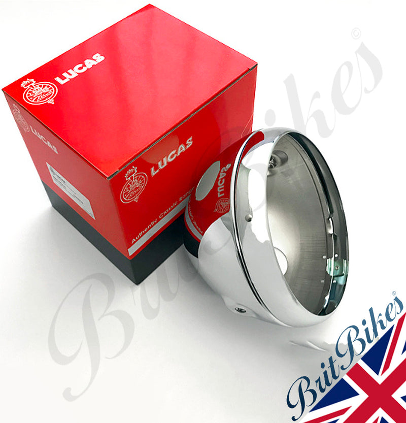 Genuine 7" Lucas chrome shell & rim (aperture for ammeter only). Lucas 54520774. 1 5/8" ammeter hole.