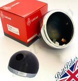 Genuine 5-3/4" Lucas Gloss Black Headlamp Shell and Chrome Rim. For universal applications - ideal for custom motorbikes & café racers.