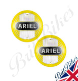 Pair of Yellow Ariel Round plastic tank badges (1954-59). 5004-56