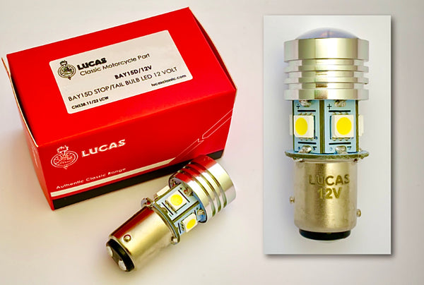 thumbnail image 2 of GENUINE LUCAS LED Stop Tail Bulb 12V SBC BAY15D For Classic British Motorcycles 2 of 6