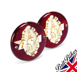 PAIR BSA C11 C12 M20 M21 B31 B33 A7 A10 ROUND TANK BADGES RED WHITE GOLD 65-8220