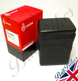 Genuine Lucas Battery Box (Large type B38-6) supplied with Black Top. Empty PU7 flexible rubber battery box.