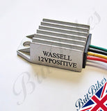 Wassell solid state 12V DC Positive Regulator. Use with 12V Dynamo only. For use with 12V Armature/Field Coils, but not for 6v to 12v conversions. E3L, E3N type dynamos.